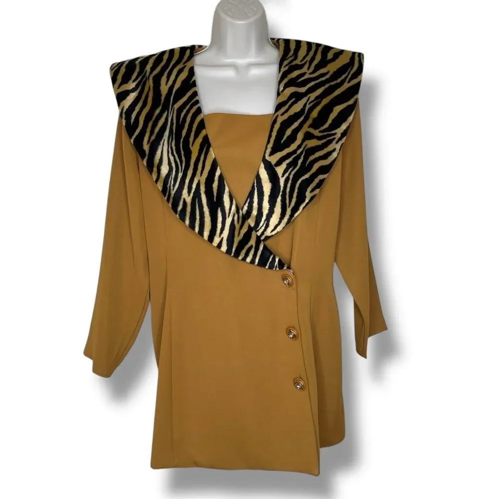 Vintage Dolce Faux Tiger Fur Shawl Collar Camel Jacket Blazer Long Sleeve Medium